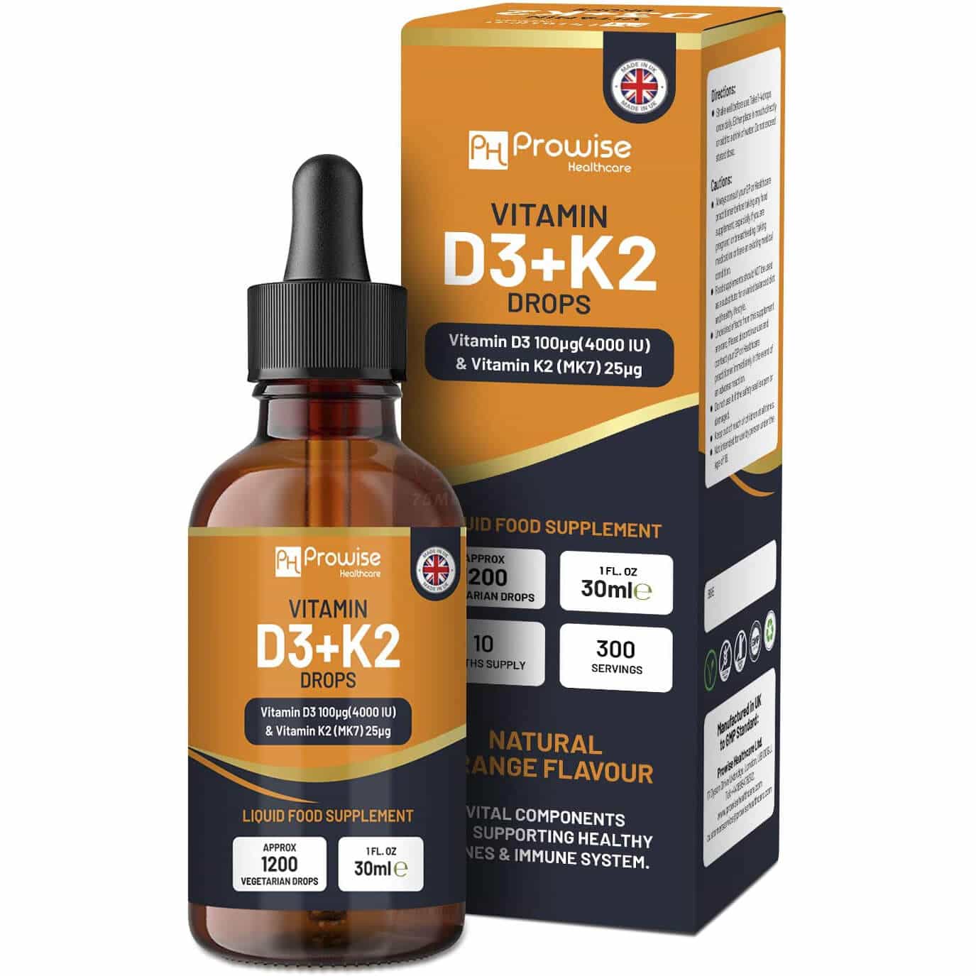 Vitamin D3 4000 IU + K2 MK7 25µg Orange Liquid Drops (30ml Bottle