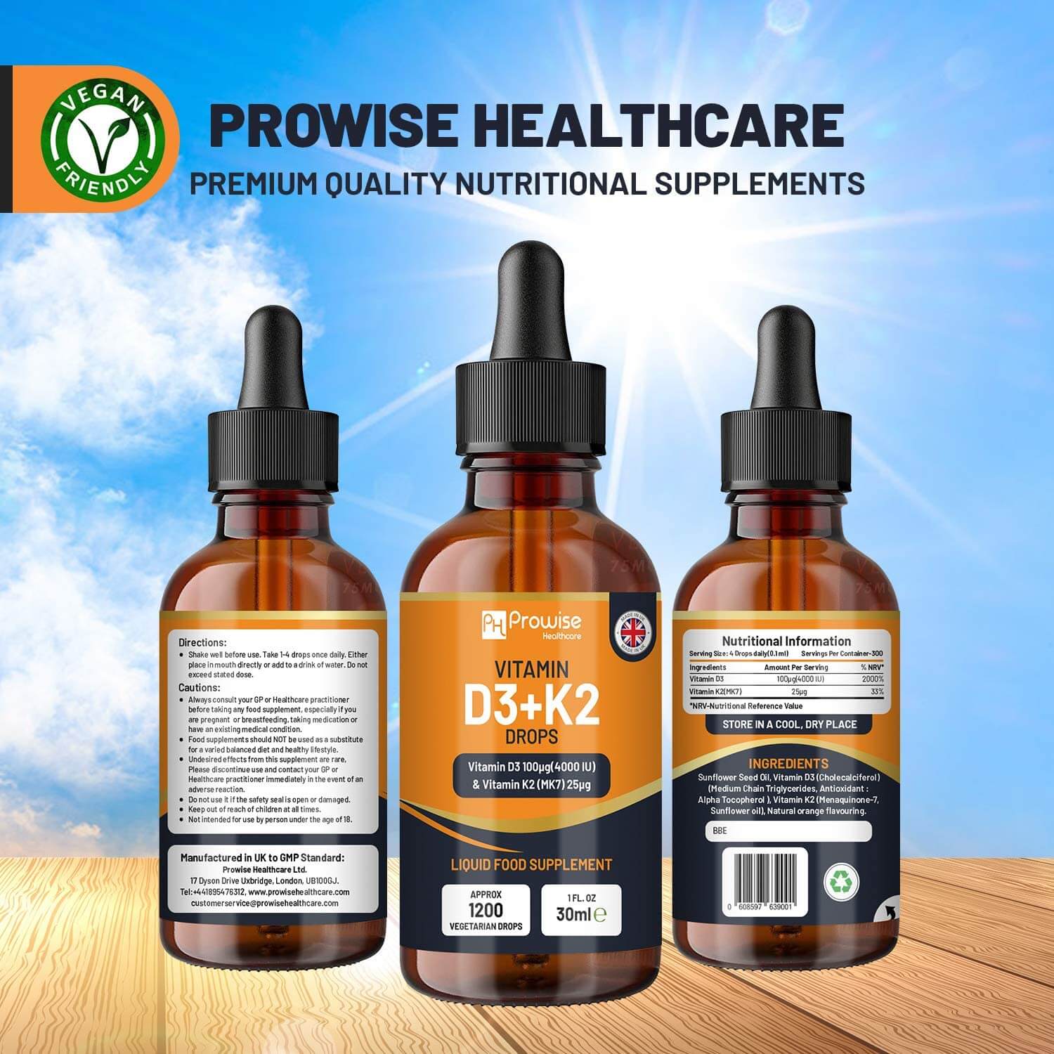 Vitamin D3 4000 IU + K2 MK7 25µg Orange Liquid Drops (30ml Bottle