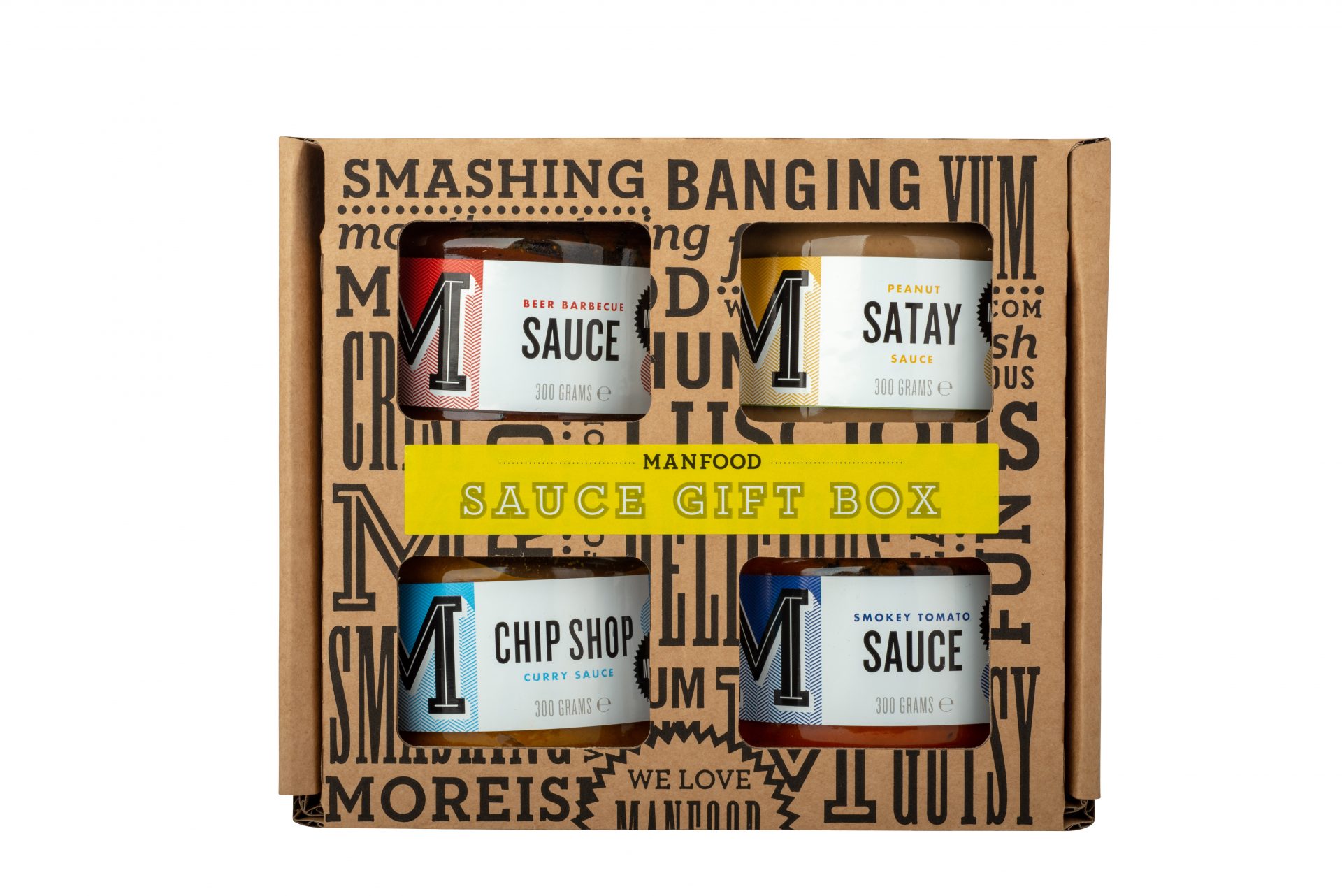 Manfood Sauce Gift Box Smoky Tomato Sauce, Beer Barbecue Sauce, Chip Shop Curry Sauce, Peanut