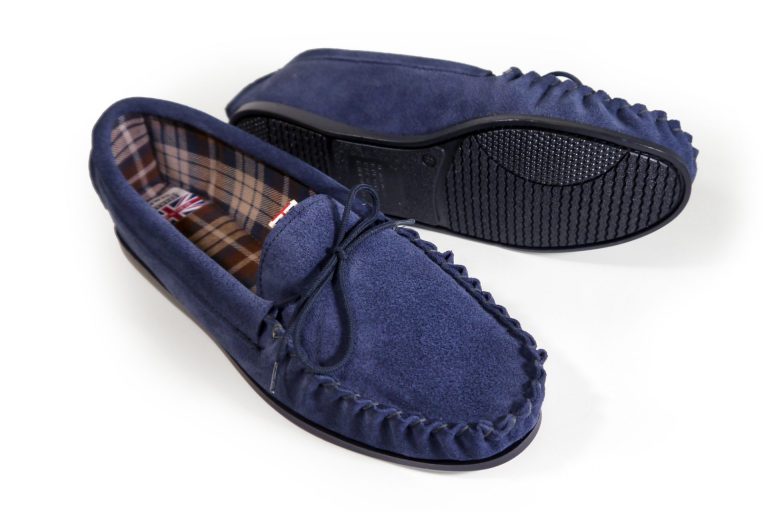 Handmade to Order: Unisex Blue Suede Hard Sole Moccasin Slippers